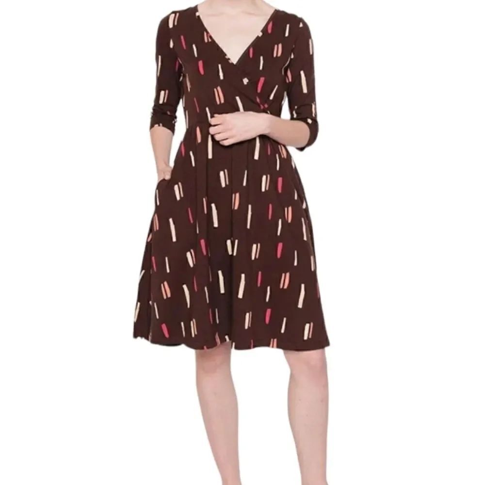 EC MATA TRADERS "CALLIE BERRY DASHES" ORGANIC JERSEY COTTON FAUX WRAP DRESS SZ.S